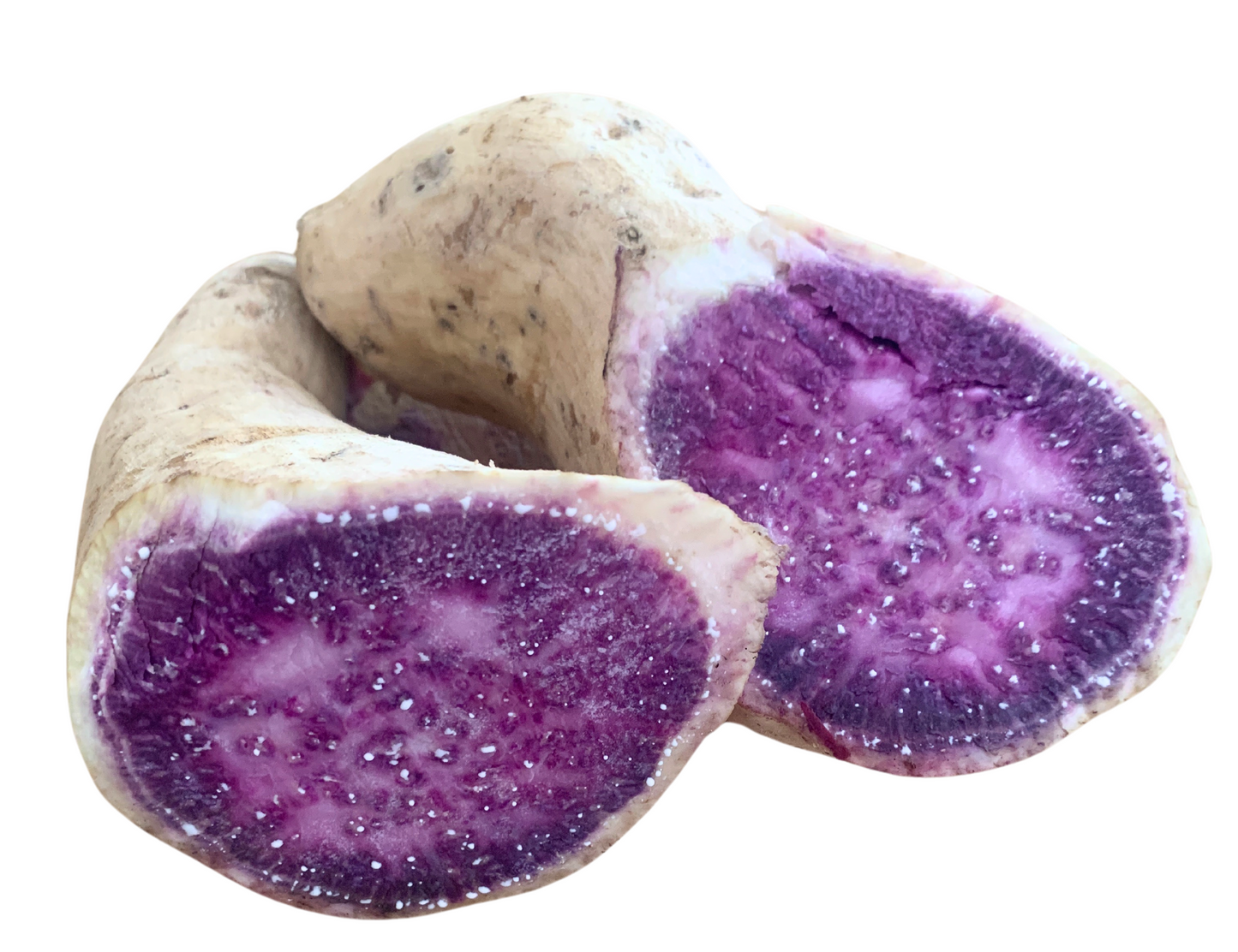 A photo of Okinawan sweet potatoes, also known as Hawaiian sweet potatoes. These sweet potatoes have a vibrant purple flesh and are a staple food in Okinawa, Japan, known for their sweet flavor and rich purple color. They are versatile and can be prepared in various ways, such as baking, boiling, or steaming. The alt text provides a visual description of the Okinawan sweet potatoes, highlighting their unique purple flesh and versatility in cooking.